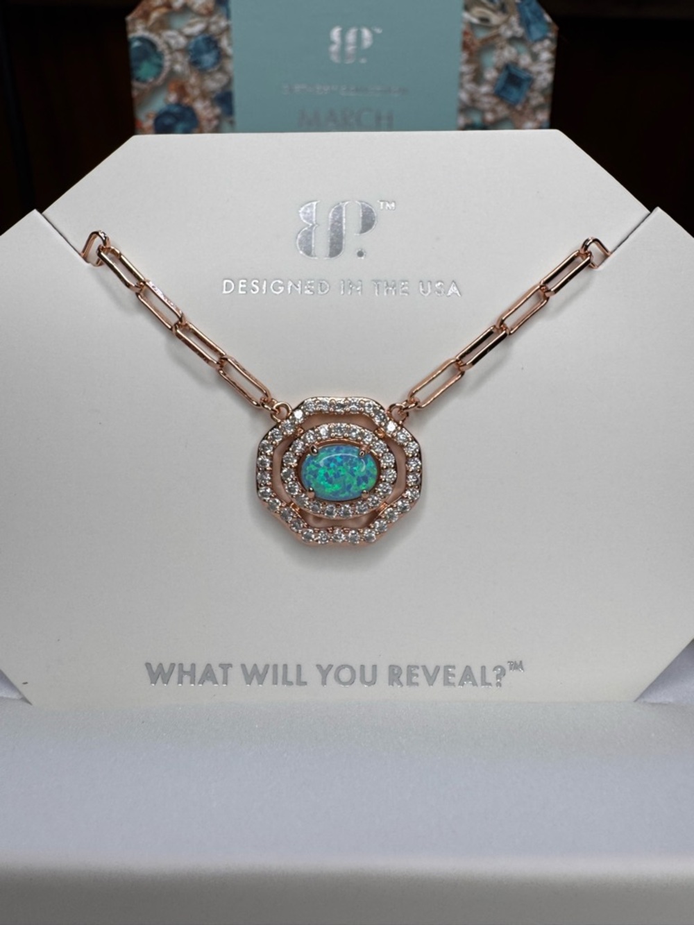 Rose Gold Opal and Crystal Pendant Necklace - Designed in the USA